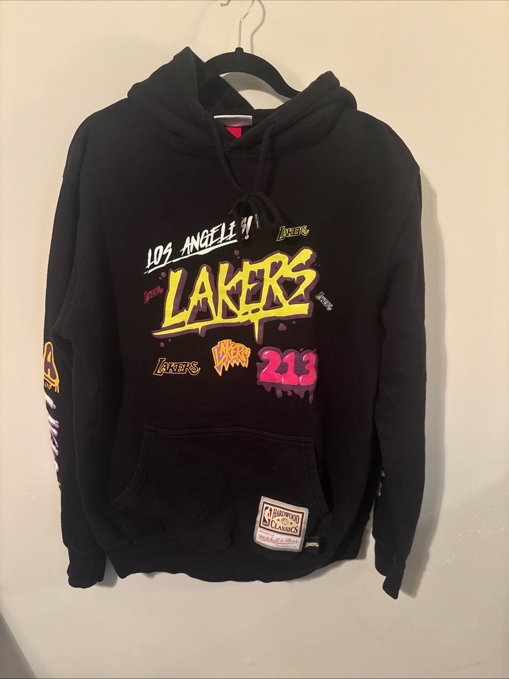 Mitchell & Ness Los Angeles Lakers Black Hoodie with Yellow & Pink Graphics